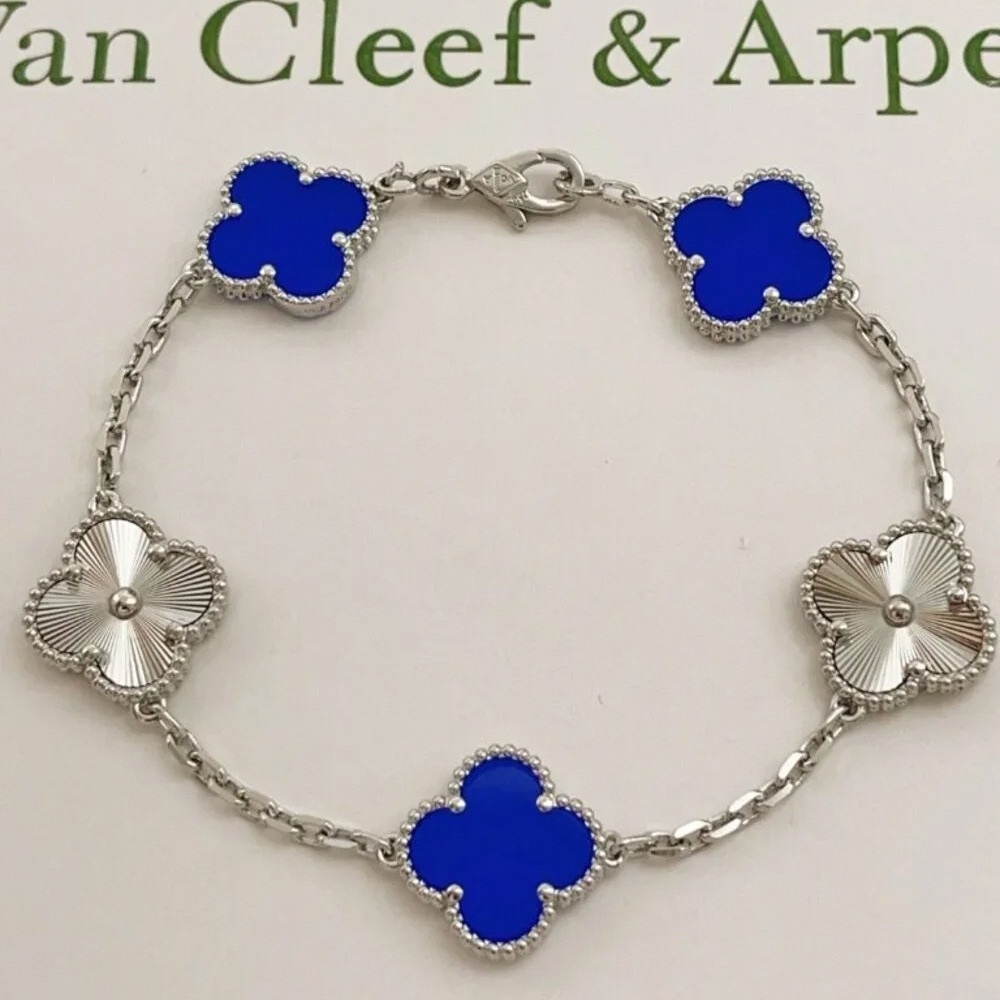 Van Cleef & Arpels Silver Laser Blue Mother-of-Pearl Five-Flower Bracelet